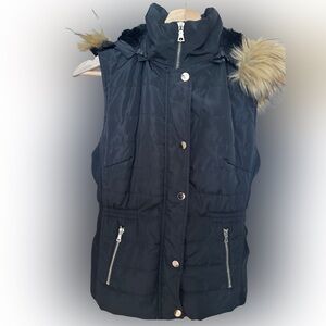 Black Women's Puffer Vest with Faux Fur Trim